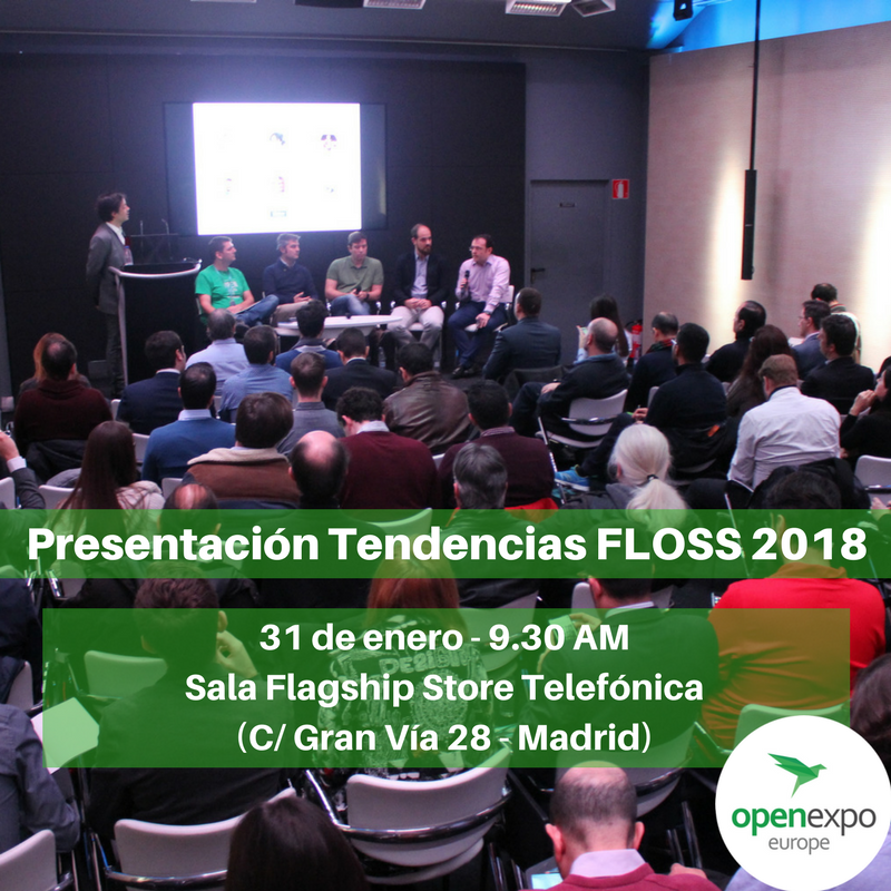 OpenExpoEurope's tweet photo. ¡No te pierdas la presentación de las  Tendencias Open Source y Software Libre 2018! El miércoles 31 de Enero  en la Flagship Store Telefónica de Madrid, disfruta de la Mesa Redonda  con expertos y referentes del sector. Consigue tu entrada aquí: https://t.co/I0fhzzg5Y3 https://t.co/3SbJTFa7GF