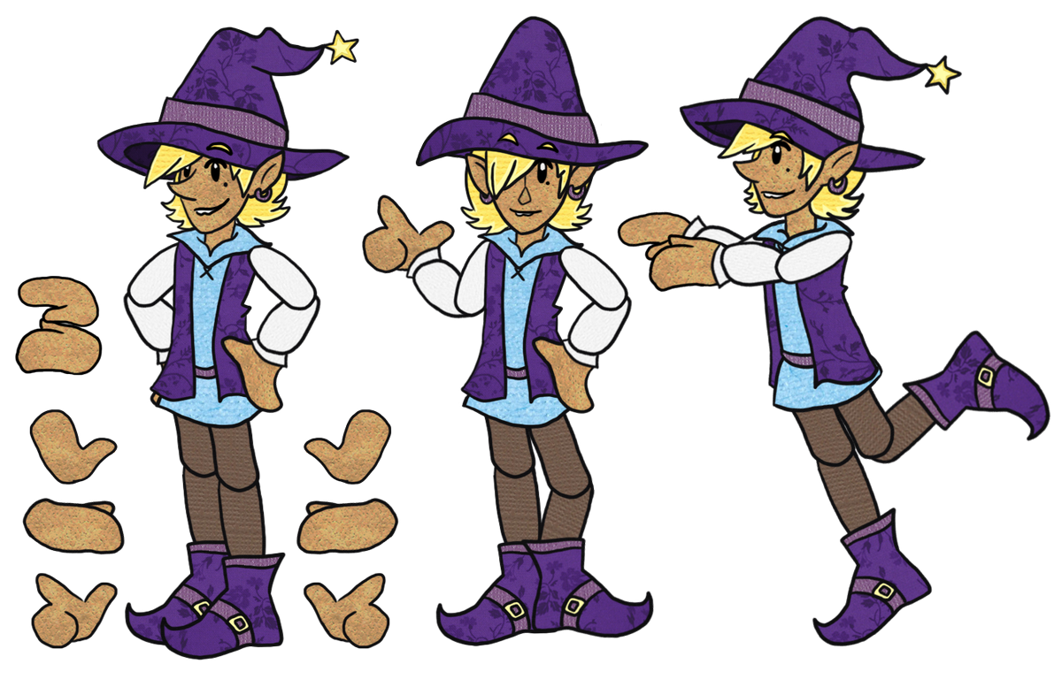Here’s Taako’s puppet! Looks like this’ll be the final one. All of the textures used here are from textured art paper that I scanned into the computer, except the floral pattern one, which is a public domain pattern. ^_^ #TazAnimated #Taako #TheAdventureZone #TheZoneCast