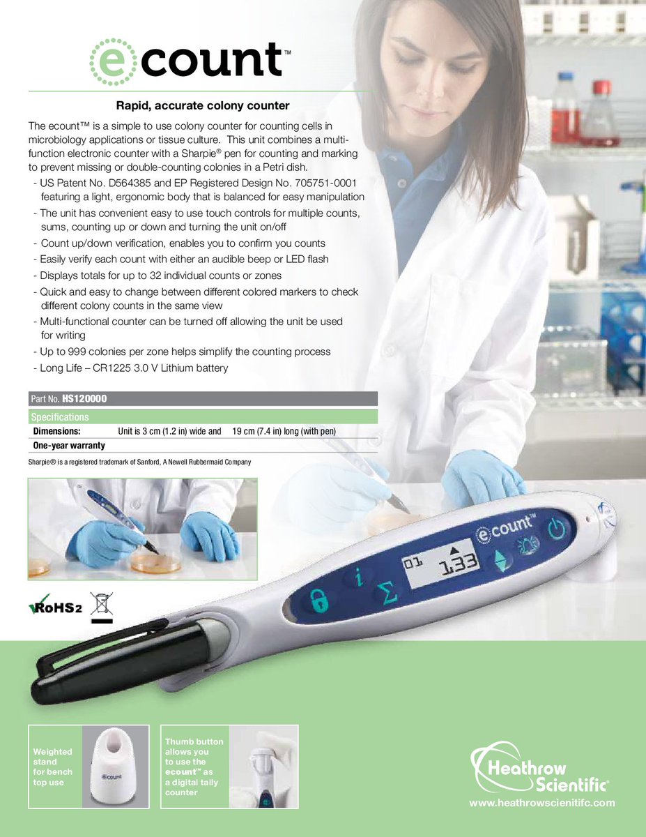 alpha_innolab's tweet image. E-COUNT COLONY COUNTER WITH PEN (HEATHROW SCIENTIFIC)
Product Code:120000

Combines a multi-function electronic counter with a Sharpie® pen for marking to prevent missing or double-counting colonies.

Info :
goo.gl/frri7X

#biosm #heathrowscientific #colonycounter #lab