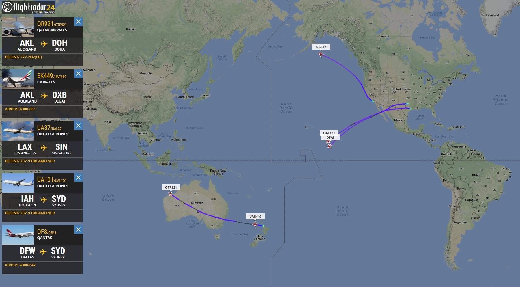 Ek449 Flight Status Map Flightradar24 On Twitter: "The 5 Longest Non-Stop Flights In The World Are  Airborne At The Same Time 1. #Qr921 - Akl-Doh 2. #Ek449 - Akl-Dxb 3. #Ua37  - Lax-Sin 4. #Ua101 -