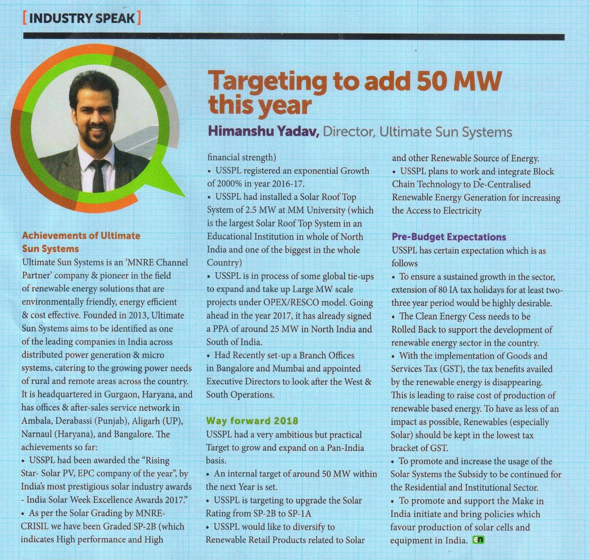 USSPL's tweet photo. Ultimate Sun Systems going forward with a target to add 50 MW of clean energy with much more in the pipeline for the year 2018.
Read full story below!
Source - @energy_next
#SolarPower #RenewableEnergy #sustainability #sustainabledevelopment https://t.co/HlGWH5svI2