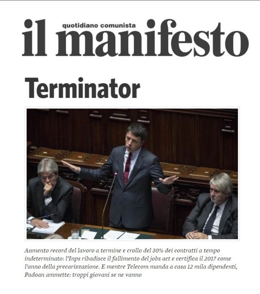 La realtà è il forte calo dei contratti a #tempoindeterminato e la #precarizzazione del #lavoro con l'aumento dei #contrattiatermine attraverso il #jobsact. 
Solo il #governo disegna un paese che non esiste nemmeno nel libro dei sogni.
La prima de @ilmanifesto
Verso il #4marzo📌