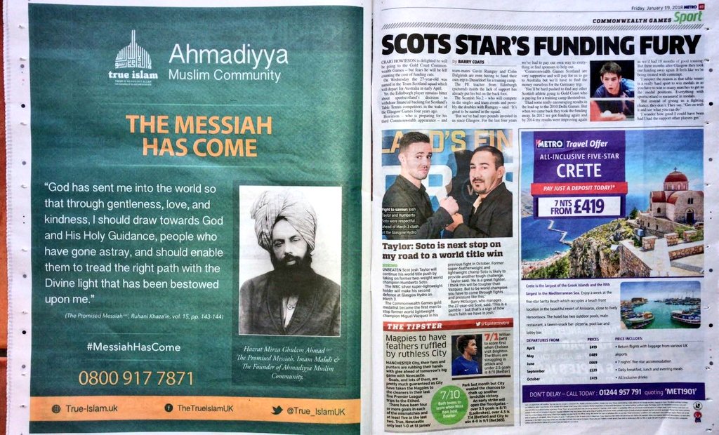TheTrueIslamUK's tweet photo. This #MessiahHasCome poster on "Metro Newspaper" distributed throughout Scotland.

#Ahmadiyya Muslim Community is the revival of true Islam. 

#FridayFeeling https://t.co/jKXPjHX8Mz