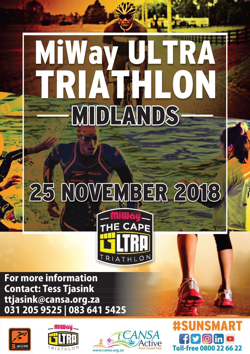 CANSA will be partnering with <a href="/Miway/">NOT Miway Insurance</a> Ultra Triathlon series in 2018!  <a href="/BActiveSports/">B-Active Sports</a>

#CANSAactive promotes active balanced lifestyle = #LowerCancerRisk

4 Mar <a href="/DBNUltra/">Durban Ultra ✊</a> 
6 May <a href="/suncityultra/">Sun City Ultra ✊</a> 
23 Sept <a href="/CapeUltraTri/">Cape Ultra ✊</a> 
25 Nov <a href="/MidlandsULTRA/">Midlands Ultra Tri</a> 

cansa-active.org.za/cansa-partners…