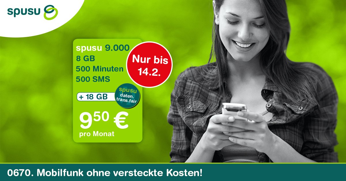 Jetzt schnell sein und den #spusu 9.000 bestellen! Aber Achtung das sensationelle #Angebot ist nur noch bis 14. Februar erhältlich! Schon gewusst? Bei spusu kannst du deinen Tarif jetzt schon bestellen und bis zu 6 Monate später aktivieren 😍📱💚 #mobilfunk #lte #spusu_at