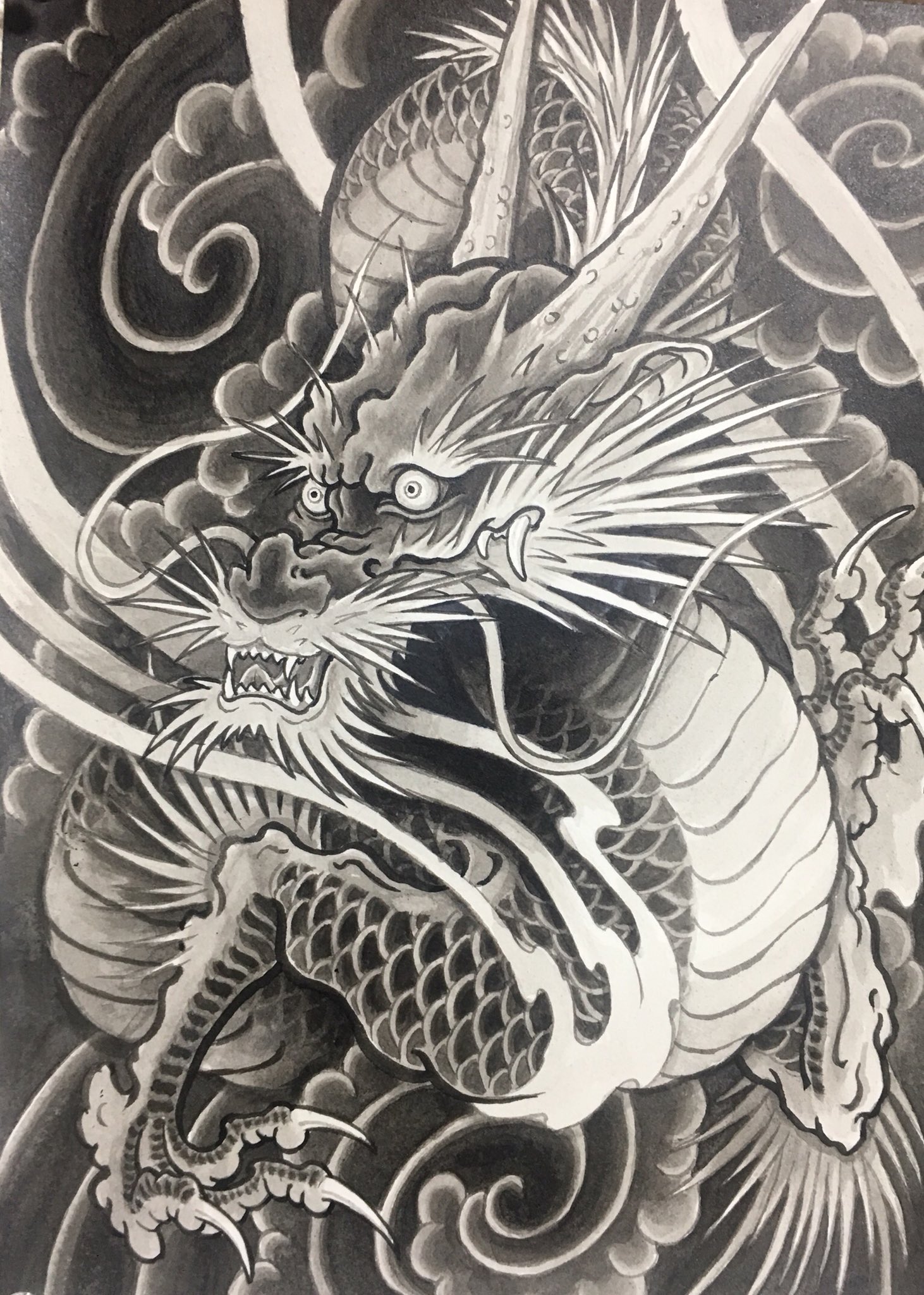 龍 板 彫 刺青 和彫 アートワーク 正面龍 板目表紙 手描き