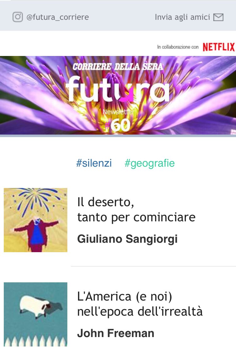 Ci sono numeri di #FuturaCorriere che ti mettono addosso un’emozione fortissima. Questo va così. Scrivono per noi Giuliano Sangiorgi dei @negramaro, e @freemanreads. Insomma: è un numero pazzesco. Non perdetelo. Corriere.it/futura