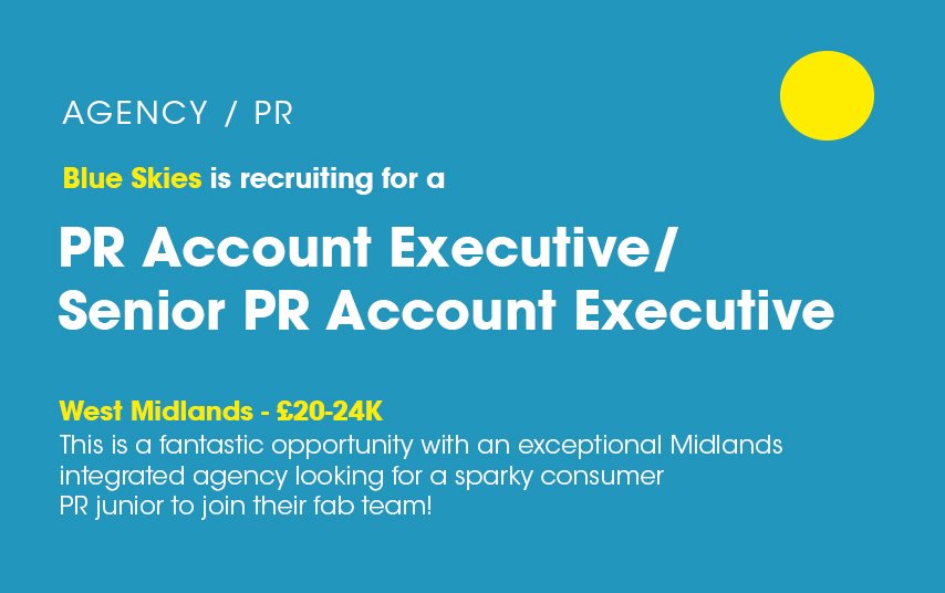 PR agency candidates at Account Executive level or Senior Account Executive level... this is a fab role for you! Email katyg@blueskiescareers.co.uk #PR #PRAccountExecutive #SeniorPRAccountExecutive #agency #consumer #jobsearch #marketing #WestMidlands #Birmingham