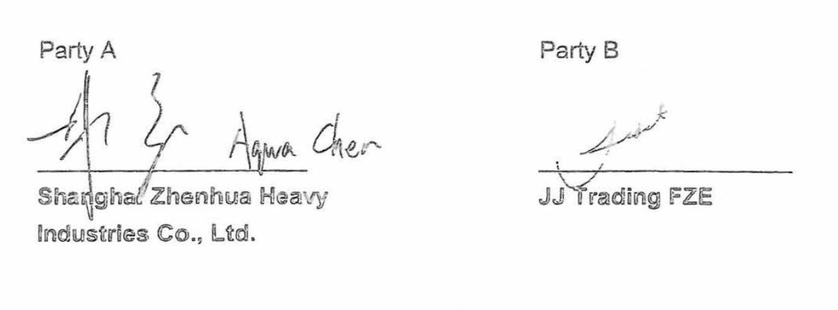 amaBhungane's tweet image. A Chinese crane manufacturer signed a kickback agreement for a R650m Transnet contract. The kickbacks went to JJ in UAE, before flowing to #Gupta accounts. Who signed for JJ? Pls contact us if you know this signature! tipoffs@amabhungane.org
 @amaBhungane