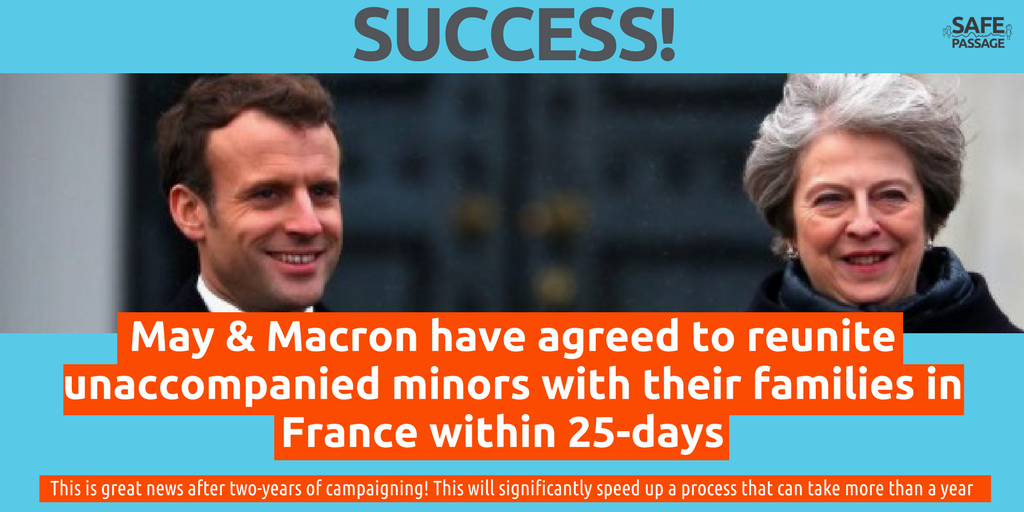 safepassageint's tweet photo. Yesterday May &amp; Macron listened to our campaign &amp; supporter. They've promised to speed up the time it takes to reunite a child refugee in France w/ their family in the UK

From 1st Feb. it'll take 25-days to reunite a child. A process that now takes a year. Thank you @Number10gov https://t.co/c2J3IG9VAE