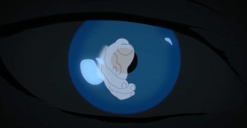 This shot is a call-out to the earlier shot of the earth filling Satan’s right eye. Akira fills his left eye drawing a parallel between the two. And remember what we just said about the moon? How it is doomed to circle the earth, but never touch it?  #DEVILMANcrybaby