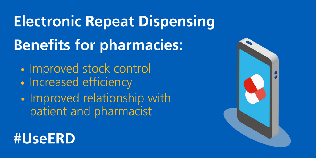 NHSDigital's tweet photo. Up to 330 million (80%) of all repeat prescriptions could eventually be replaced with Electronic Repeat Dispensing. Find out more about the benefits for #pharmacy and dispensers: https://t.co/eBwmFdlgFo #UseERD https://t.co/vPh1pQuSwg