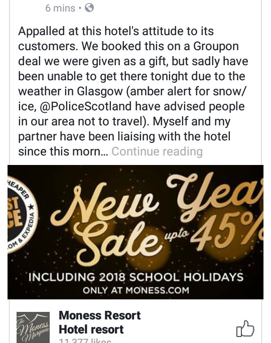 Love when a <a href="/MonessResort/">Moness Resort</a> wants you to travel through <a href="/policescotland/">Police Scotland</a> severe weather warning or they wont move your booking. 🙄 No thanks my safety is worth more than a £70 voucher 😂 <a href="/Groupon_UK/">Groupon UK</a> what kind of companies are you working with?!