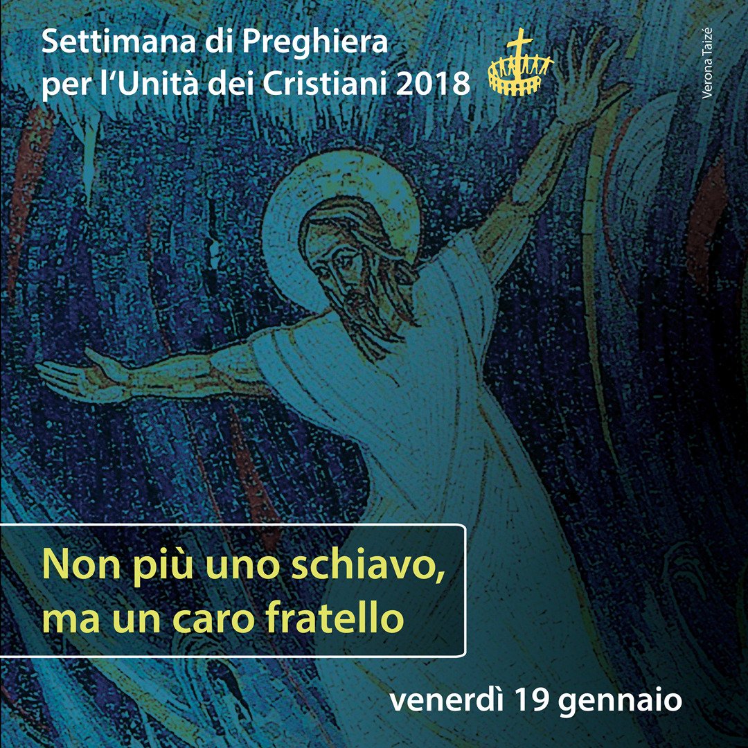 VeronaTaize's tweet photo. Settimana di preghiera per l‘unità dei cristiani 2018 📆🙏🔁✝️
Potente è la tua mano, Signore (cfr. Esodo 15, 1-21)

venerdì 19 gennaio 2018
2⃣° giorno: Non più uno schiavo, ma un caro fratello

🚨 Per approfondire: 
https://t.co/0lwHOmAsaT https://t.co/Evc4q6fpiW