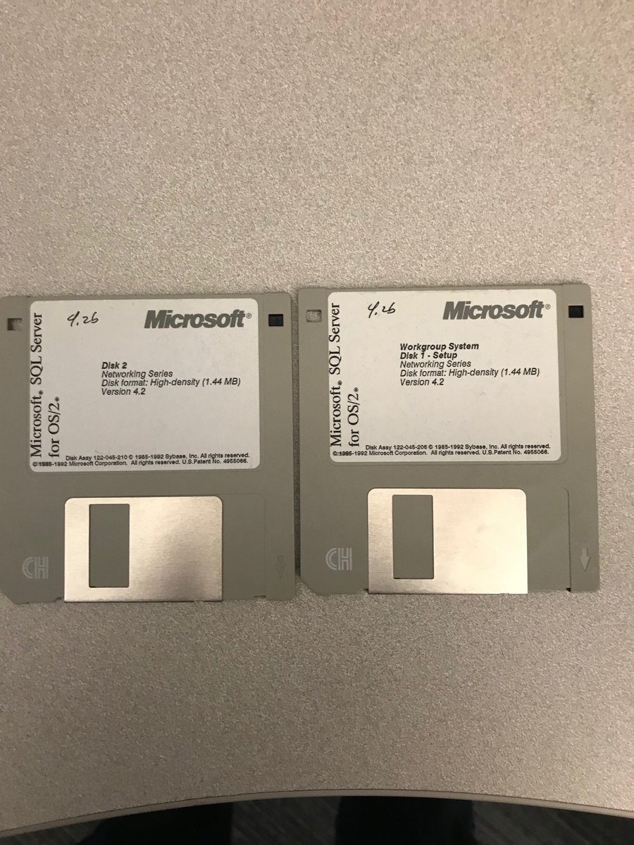 bobwardms's tweet image. Found these during an office move. 2 diskettes to install #SQLServer on OS/2. #sqlhistory. Was given these on my first day at Microsoft on October of 1993.