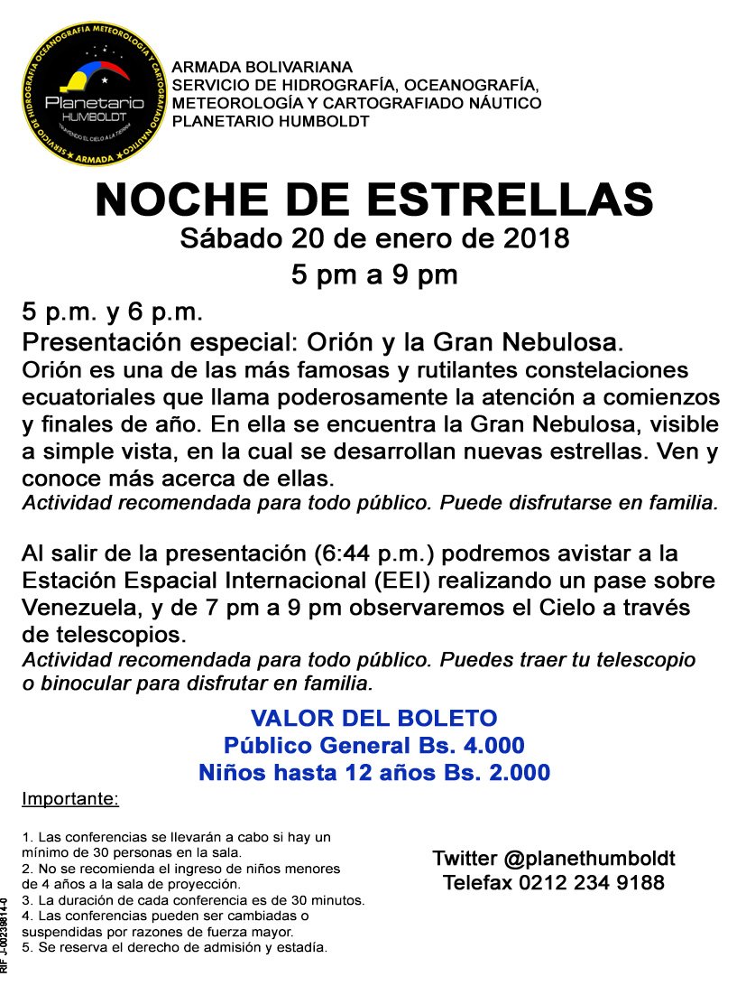 planethumboldt's tweet photo. Mañana sáb. 20/ene., desde las 5 p.m. hasta las 9 p.m., Noche de Estrellas. Puedes traer tu telescopio o binocular para compartir la observación con tus familiares y amistades. https://t.co/yuN9hKAI8b