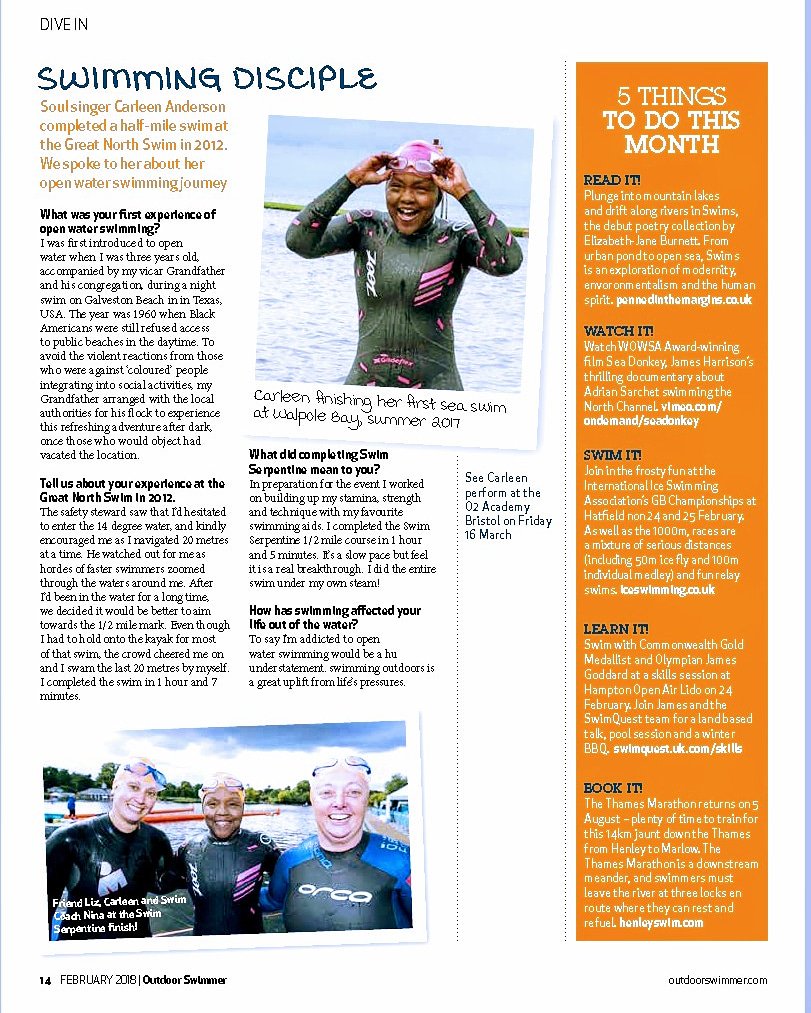 Thanks @ALotus_Rises for this feature in <a href="/outdoor_swimmer/">Outdoor Swimmer</a> February 2018. Thanks <a href="/KinaMaraCo/">KinaMara</a> for introducing me to Walpole Bay &amp; thanks <a href="/WalpoleBaySwim/">Walpole Bay</a>  for being so welcoming. More Open Water Swims! Love, The Chocolate Mermaid 🏊🏾‍♀️🌊