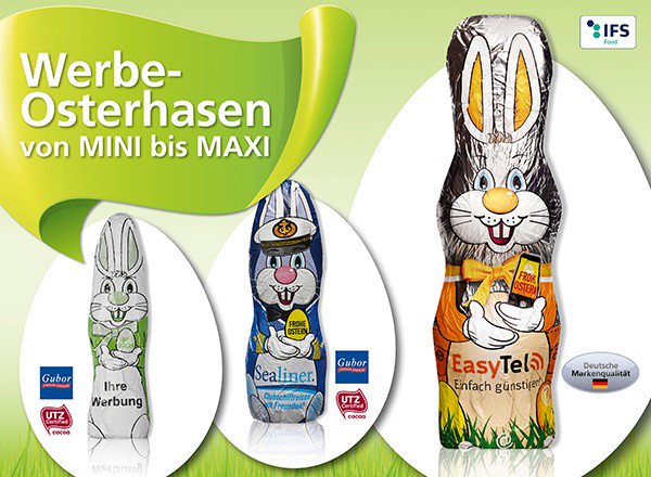 Heute schon an Ostern denken - Bald ist es soweit!
 Ein Trio zum Verlieben so zartschmelzend fein und in 3 verschiedenen Schlemmergrößen.
 Zeit sich seinen Favoriten auszuwählen und in der CI-gerechten Robe einzukleiden. Werbewirkung schmeckt!
 Anfragen an: info@werbedrehpunkt.de