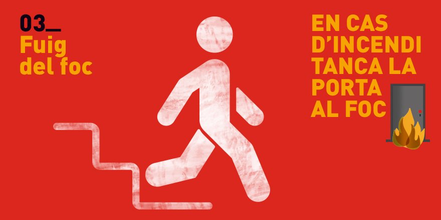 Si es cala foc a casa, i el fum et permet veure la sortida de casa:
1. Fuig del foc i tanca totes les portes que puguis.
2. Baixa per les escales fins al carrer. No agafis l’ascensor.
3. Truca als bombers (080/112) el més aviat possible.
ow.ly/Z2zB30hJAXb
#BombersBCN
