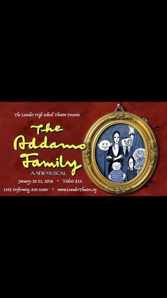 Texas_STO's tweet photo. Looking for plans this weekend? Now you have some!! Go see Leander High School’s production of “The Addams Family”!!!! #txshowsupport https://t.co/xTQLbUlzpe
