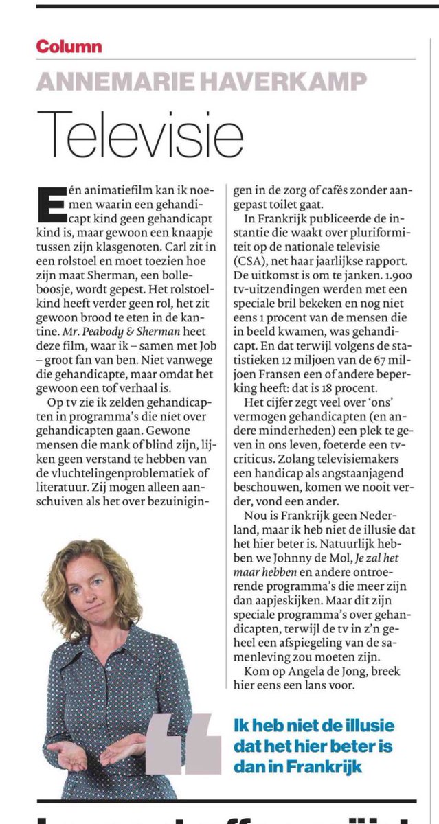 Het is 2018 en nog steeds zien we vrijwel nooit gehandicapten op tv. Behalve als het over aangepaste wc's gaat. Gênant! Column <a href="/DeGelderlander/">De Gelderlander</a>