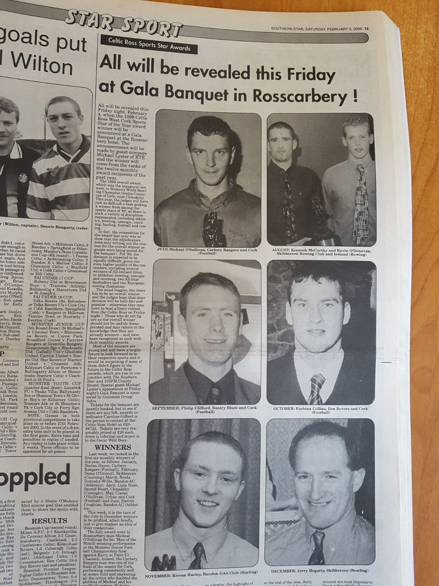 A couple of familiar faces here from <a href="/CarberyRangers/">Carbery Rangers GAA</a>, <a href="/skibbrowing/">Skibbereen Rowing</a>, <a href="/IlenRoversGAA/">Ilen Rovers GAA LGFA</a> and <a href="/bantryblues/">BantryBlues</a>, monthly award winners from 1999 <a href="/CelticRossHotel/">Celtic Ross Hotel</a> West Cork Sports Star awards. Philip Clifford won the overall award that year. #WestCorkSportsStar
