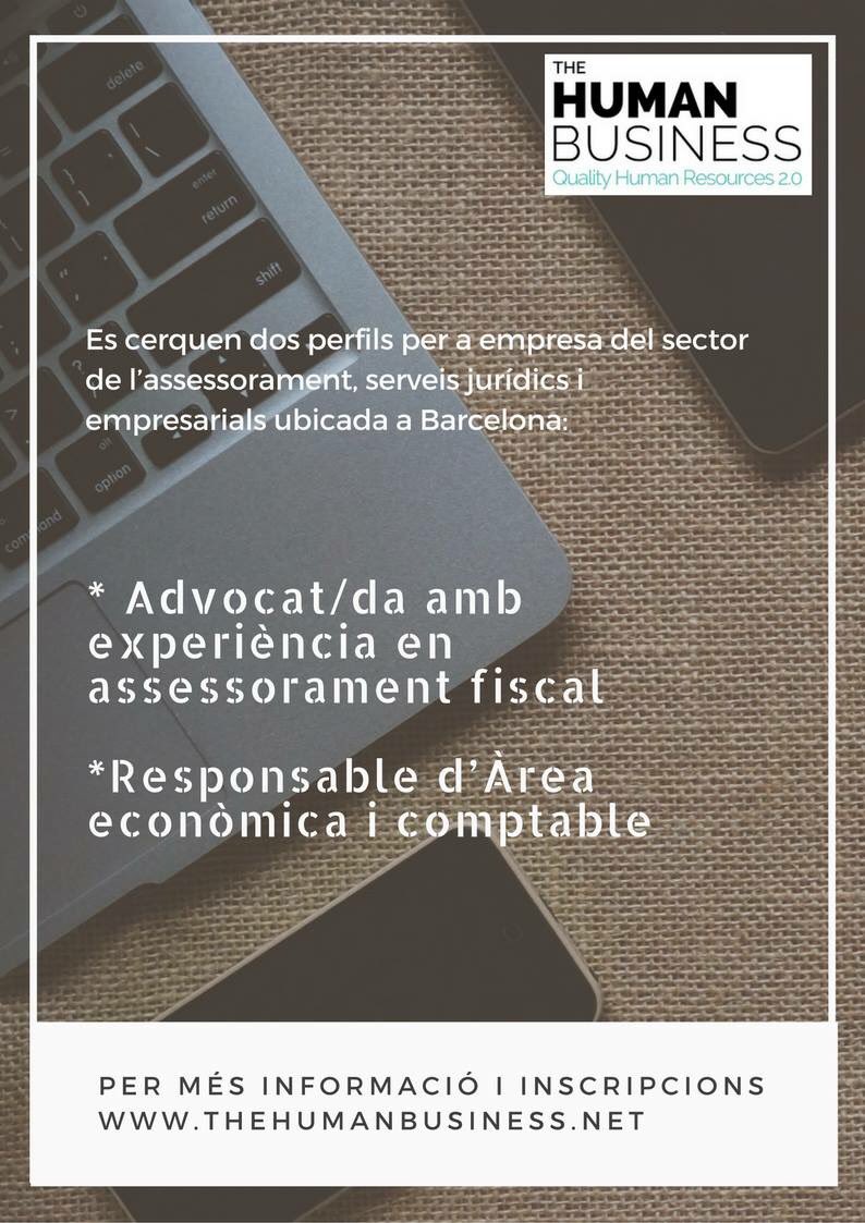 Human_Bizz's tweet photo. Procés de #selecció obert! Cerquem 2 perfils per empresa del sector de l’assessorament, serveis jurídics i empresarials ubicada a #Barcelona. Inscripcions a https://t.co/RIbsiL0PFS #oferta #empleo #abogado #contabilidad #fiscal #impuestos https://t.co/caI7ikc6Tb