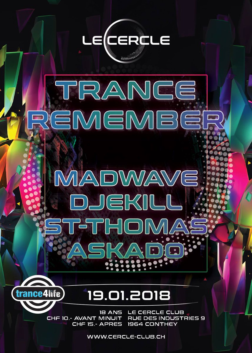 madwavemusic's tweet photo. Next stop tonight @ Le Cercle in Conthey for a new edition of 'Trance Remember' 🎉 My playtime → 02:00 - 03:30, I hope to see you there ☺️
Event infos → https://t.co/Stu9ME4g2z
#TranceRemember #TranceClassics #LeCercle #Valais #trance4life https://t.co/19S6jZbLCc