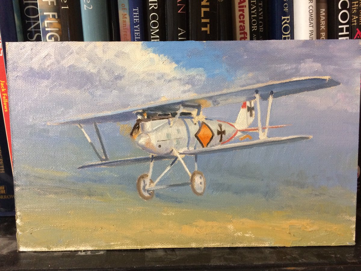RussellSmithArt's tweet photo. Here's an in progress shot of a little 6" x 10" Jasta 30 Pfalz I'm working on. #russellsmithstudios #aviationart #WWI #PfalzDIIIa #WorldWarOne #jasta #germanaviation https://t.co/muVL0uD92l