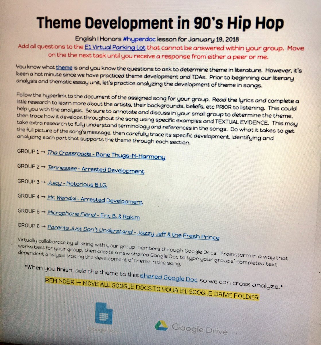 IveyFHomer's tweet photo. Tracing theme development using 90s Hip Hop songs, then cross analyzing to spot and discuss possible trends. Ss strengthened their virtual collaborative skills and gained some street cred in the process. #Lex1Literacy #threebirdsonestone #boutitboutit https://t.co/z3vr6Xn5nN