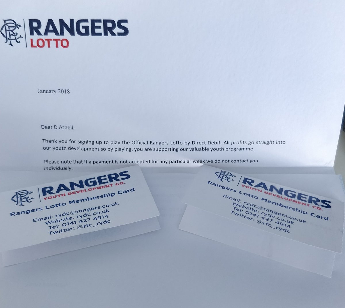 D4VAA's tweet photo. Ashamed it took so long but Finally got my finger out and signed up for @rfc_rydc lotto! #Rangerslotto #rydc #watp https://t.co/S2kJj9D6Wd