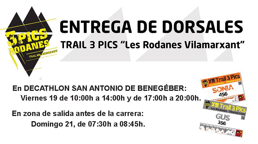 Trail3pics's tweet photo. ENTREGA DE DORSALES Y BOLSA DEL CORREDOR:

Recordad que estamos hoy en Decathlon San Antonio de Benagéber por la mañana hasta las 14:00h y por la tarde de 17:00h a 20:00h.

Y el domingo en línea de salida a partir de las 07:30h hasta las 08:45h. https://t.co/oWtbZnhTi3