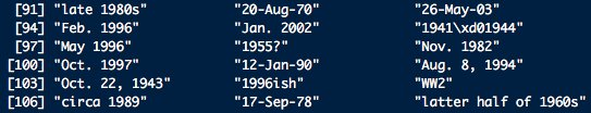 brookLYNevery1's tweet photo. Updated Turing Test concept:
A spreadsheet of dates, hand-entered by interns more than a decade ago, featuring such well-known time formats as "1996ish", "1941/xd01944", "1955?" and "WWII."
I'm not worried about AI until someone shows me the algorithm that can make sense of this. https://t.co/IhzofigX2b