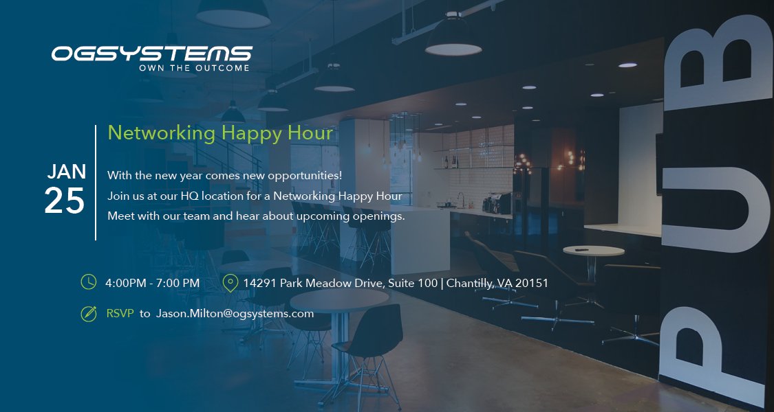 Sarahknapp18's tweet photo. Join Us!  OGSystems is hosting a Networking Happy Hour on Thursday January 25th in Chantilly, VA.  We’re looking for great people to join our team! Visit our careers page at https://t.co/HV4PzLjmHA to view current opportunities. https://t.co/AW6ZIoMs9R