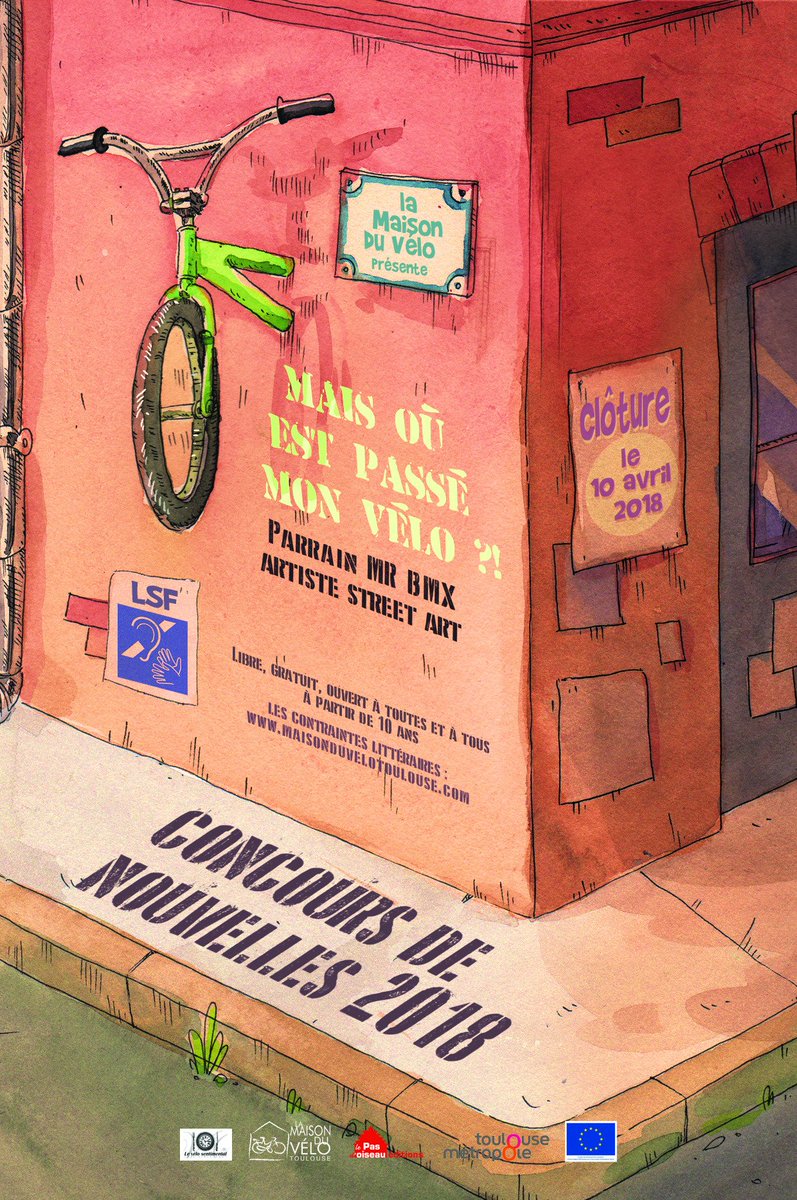 A vos plumes! 
Le concours de nouvelles 2018 de la Maison du Vélo est ouvert!  
"Mais où est passé mon vélo?" 
Parrain Mr BMX, artiste de street art.