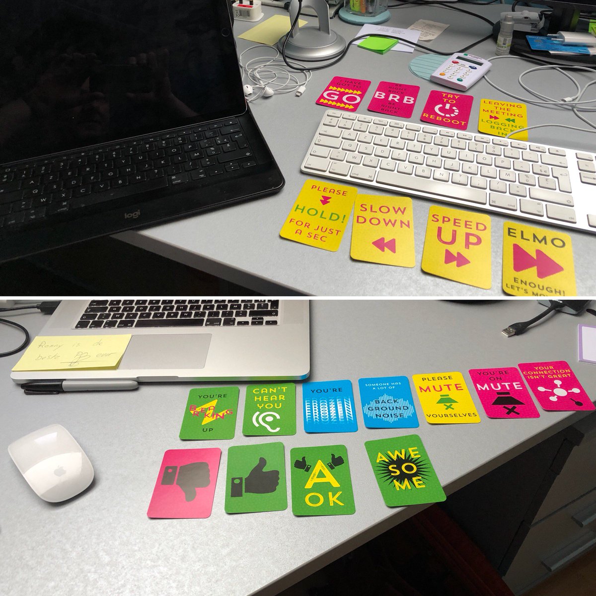 JurgenLACoach's tweet image. My remote working setup requires dual screens, iPad and... signalling cards. It is better to signal with cards than to disturb with voice when having remote workshops/collaboration. #RemoteWorkingTips

Do you have other tips for me?