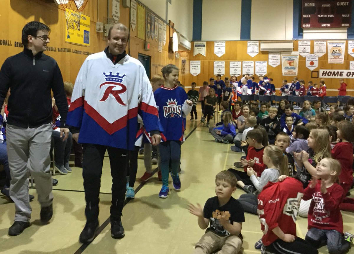 JJCurling's tweet photo. Two former Corner Brook Royals' goaltenders, Jeff Murphy (Luke's dad) and Chris Grant (Luke and Alex's dad) lead our minor hockey players to the strains of Tom Connor's Good Old Hockey Game during our Hockey Day in Canada Celebrations this morning. https://t.co/czn2ObH9df