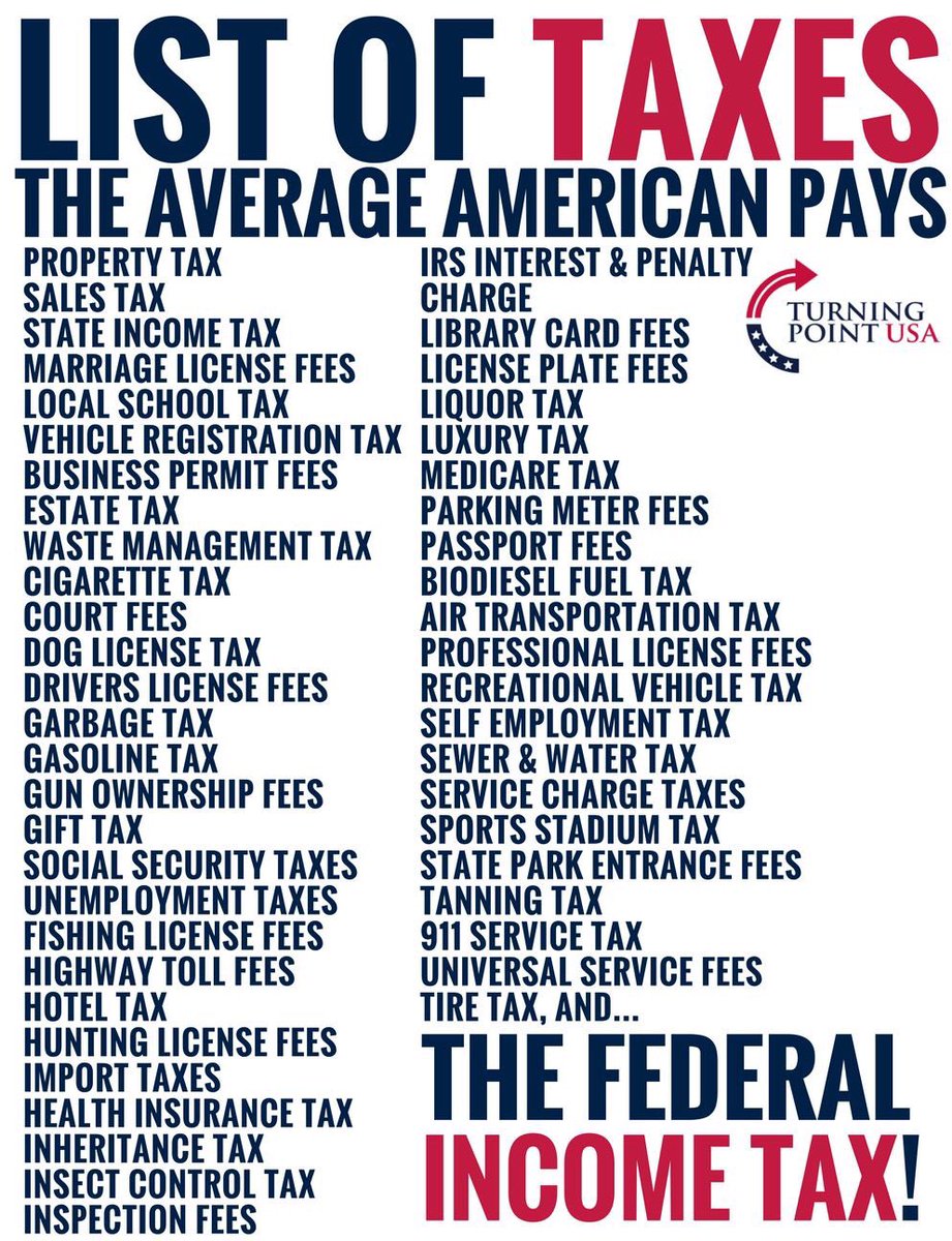 LarrySharpe's tweet photo. Here’s a dose of reality. List of taxes the average American pays...
#Sharpe4Gov #NYS #NY #Libertarian #aNewNY #SaveMainStreet #taxes #TaxReform #aSharperImage https://t.co/yAZzcYm3d0