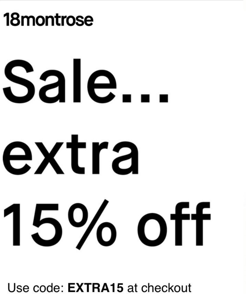 Extra 15% Off All Sale Items At END And 18Montrose 
End >> bit.ly/2rl4Tul
18 >> bit.ly/2rpzDKZ