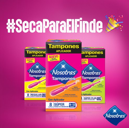 NosotrasChile's tweet photo. Desde una noche de chicas hasta una fiesta interminable, disfruta de este fin de semana Segura y Confiada con los nuevos Tampones Nosotras. Su Sistema Antiderrames con Multicanales evitan que te manches para que solo pienses en pasarlo bien. ¿Con quién vas a salir? #SoySeca https://t.co/U7heT69HmK