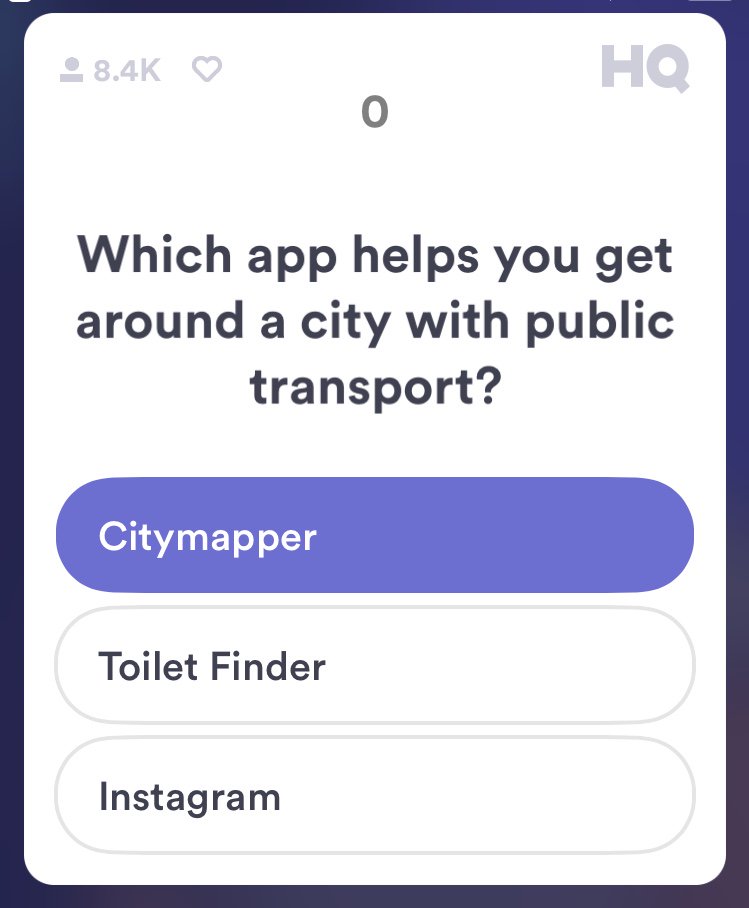 lpgoodrum's tweet photo. You know you've made it when you're the answer to an @hqtrivia question @Citymapper https://t.co/gPhBOTK5KE