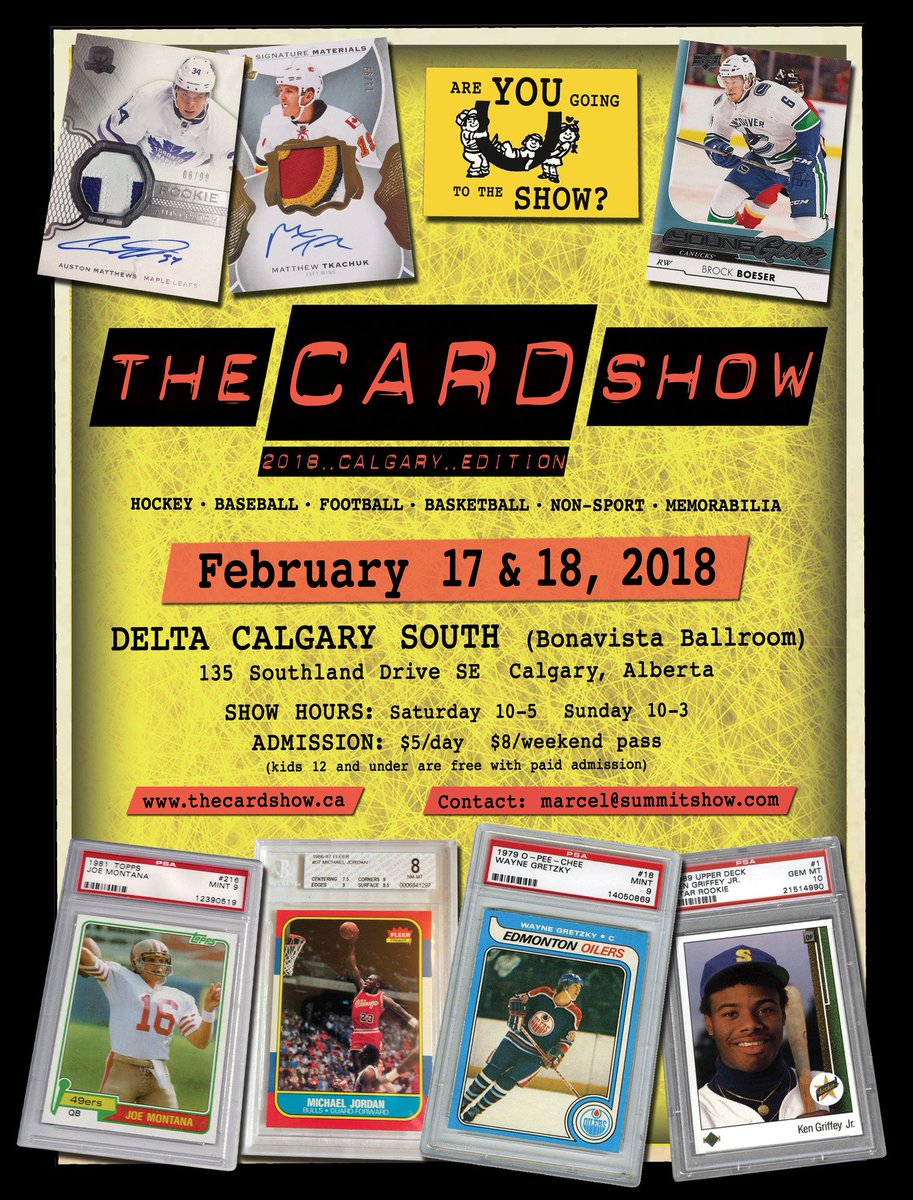 Hello #yyc and the rest of Alberta.  Looking for something to do on Family Day long weekend? Look no more and come to the <a href="/CalgaryCardShow/">CalgaryCardShow</a> <a href="/DeltaCalgarySth/">Delta Calgary South</a>.  Lots of great sports cards and memorabilia being sold and traded. Are you going to the show?