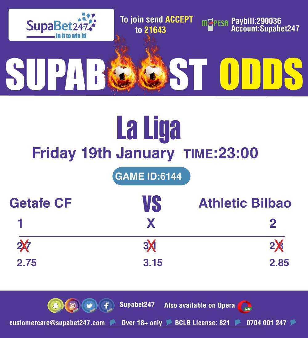 SupaBet247's tweet photo. #LaLiga resumes with Getafe hosting Athletic Bilbao. Can the visitors snatch a win here? BET NOW on this boosted game and double your rewards! #BestOdds #HottestOdds #SupaBoost https://t.co/HQTfXHg92R
