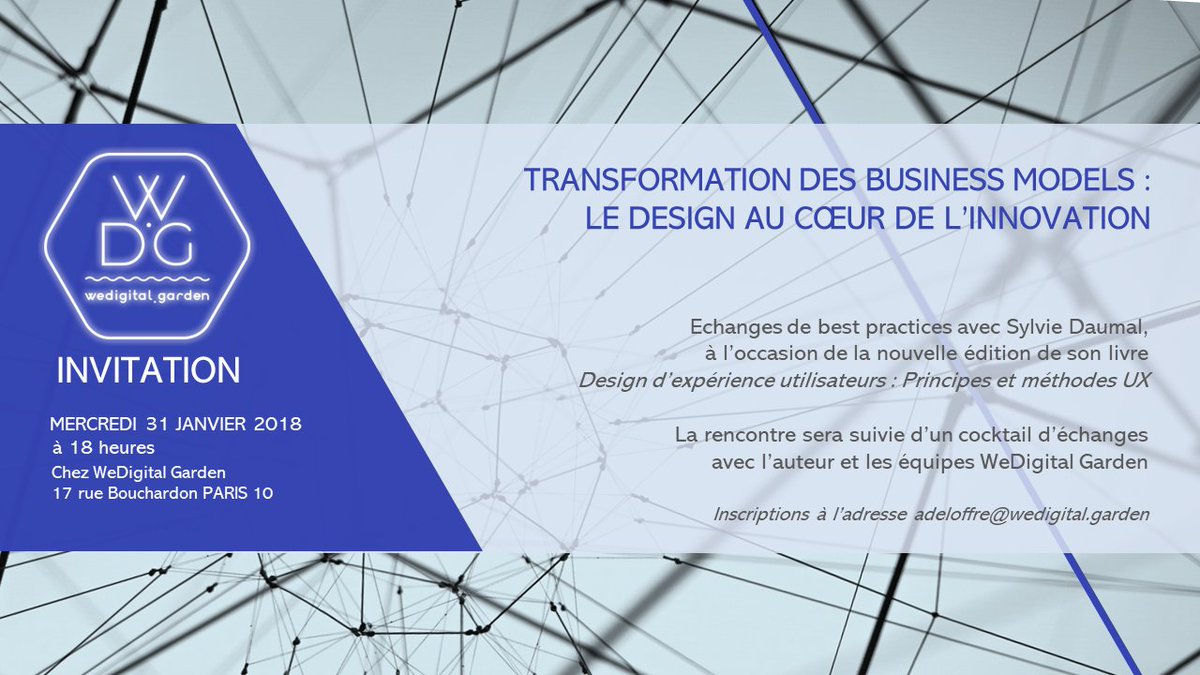 [ÉVÈNEMENT] RDV le 31 janvier chez <a href="/WeDigitalGardn/">WeDigitalGarden</a> pour parler #DesignThinking et #Innovation avec Fabien Obadia (<a href="/fobadia/">Fabien Obadia</a>) et Sylvie Daumal (<a href="/Lyoko4TW/">Sylvie Daumal</a> ) pour la 3e édition de "Design d'expérience utilisateur: Principes et méthodes UX". Inscriptions ➡️ bit.ly/2DrEuA5