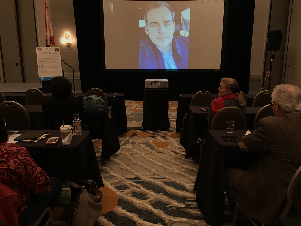 FloridaPIOs's tweet photo. #FRE18 @DavidBegnaud from@CBS News presents at PIO Symposium via #Facetime about Communicating Through Crisis.  “The power of technology” @FlFireChiefs https://t.co/Wi73myhYks