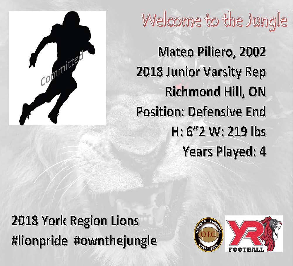yrlions's tweet photo. Woooohooooo! Another #committed2018 Lion! #jv is looking good!! Welcome back Mateo! #yorkregion #football #lionpride #ownthejungle #ofc2018 @OFCMEDIA @OFCHQ https://t.co/ZBrJLEvZj9