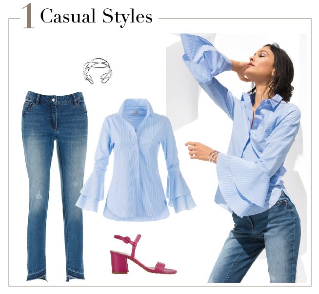 Feminine, flounce sleeves are the highlight of this shirt. Pair with simple cropped jeans with a unique fringed hem. Get the look: goo.gl/Aq4YrR