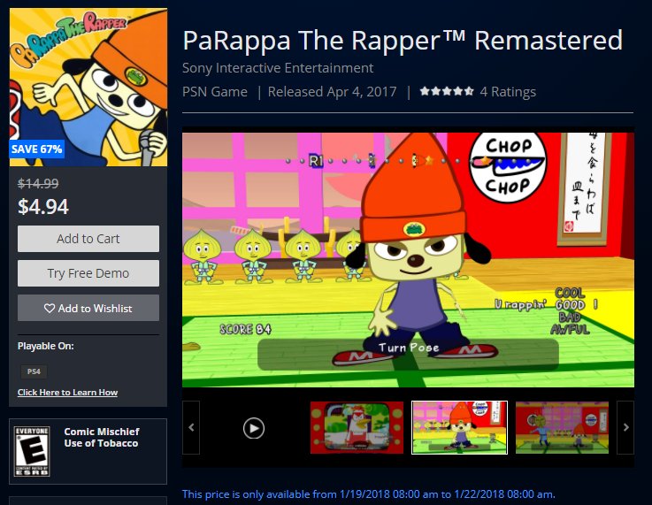 PaRappa The Rapper Remastered is $4.94 on US PSN. bit.ly/2mNfmt8. 
