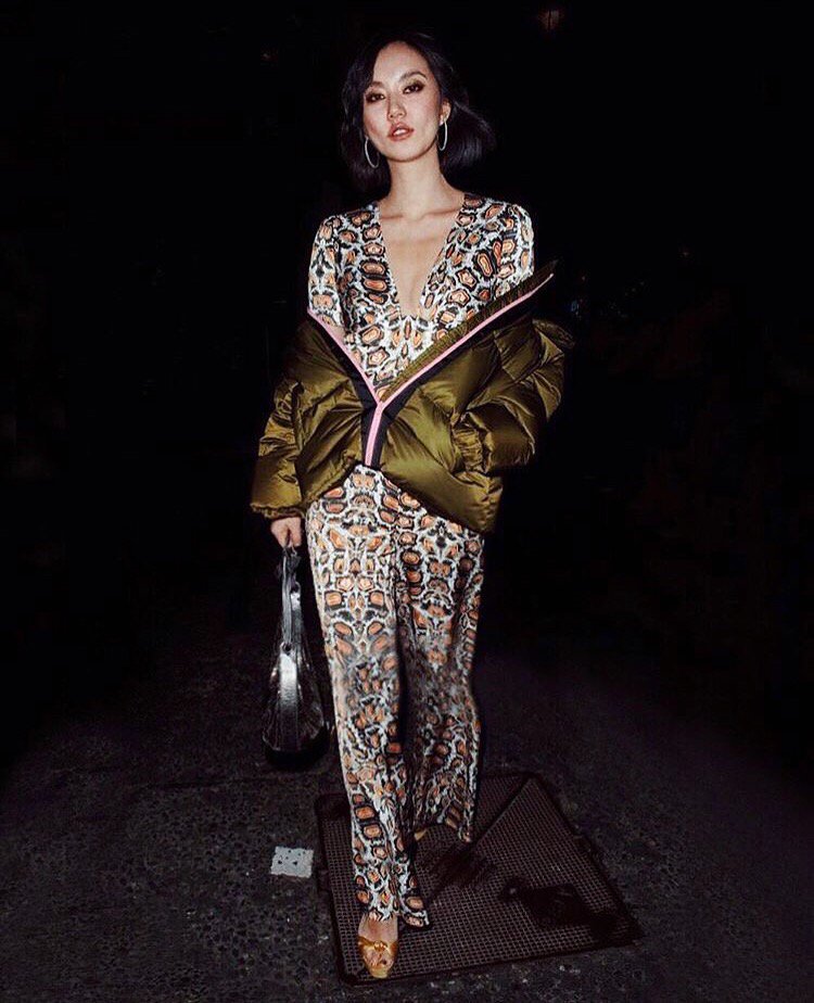 <a href="/bettybachz/">betty bachz</a> wears the Spring 2018 Spiral Printed Jumpsuit, shop it now, bit.ly/2FXVpsj