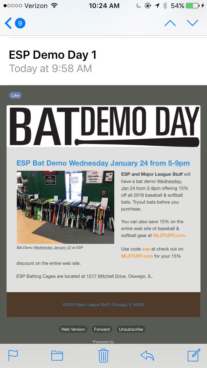TaddGibby24's tweet image. ESP Bat Demo Day - Wednesday, January 24th 5-9pm. 1517 Mitchell Drive in Oswego. Stop in and check out some new bats for the upcoming season. Both Baseball &amp;amp; Softball bats on display plus a 15% off coupon.  #ESPTrained #BatDemo @lisadeli5 @SammyJ23 @BattersBlock